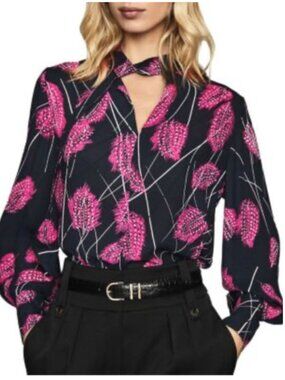 Reiss Lily Feather Print Blouse Navy Pink Tie Neck Size 4